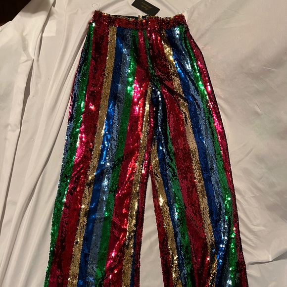Rainbow sequin trousers glitter sparkly party fashion pants ladies medium - Picture 3 of 8